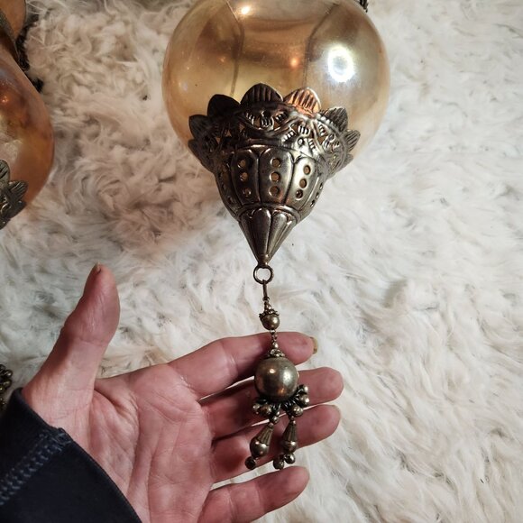 Antique Bronze & Glass Hanging Lanterns With Filigree Detailing - Picture 4 of 5